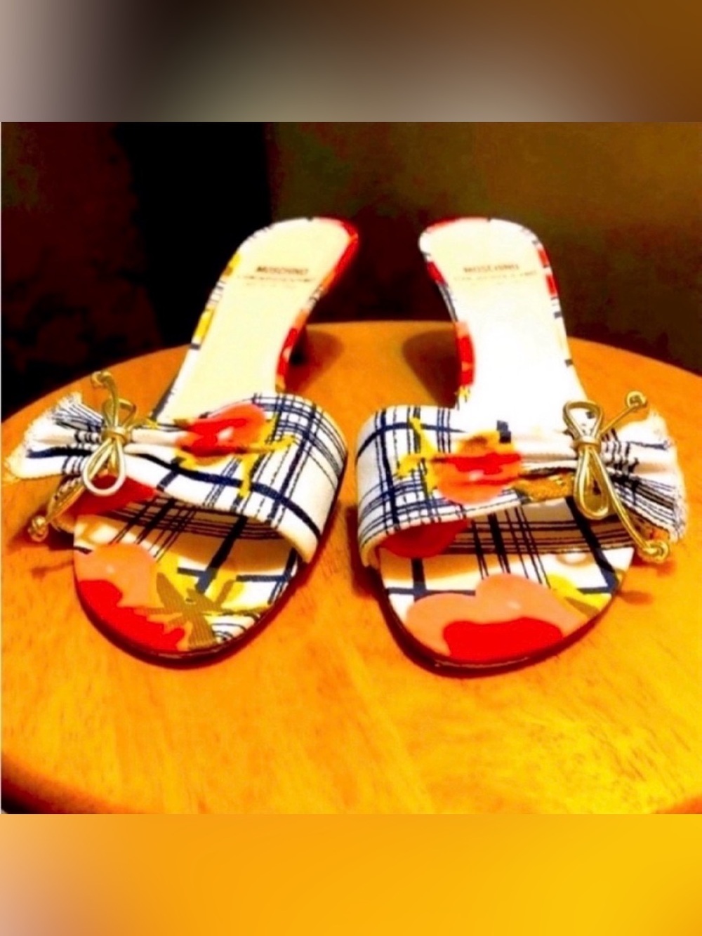 Authentic Moschino White Plaid Floral Slide Mules with Gold Bow Accent size 39.